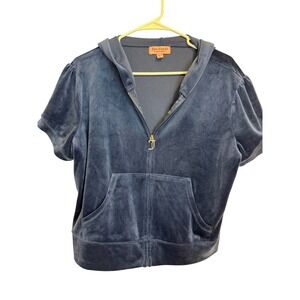 Y2K Juicy Couture Women's Velour Short Sleeve Track Hoodie Size Large Navy Blue